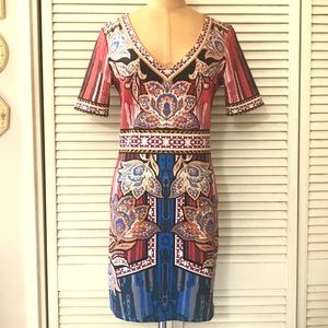 Jealous Tomato Dress Womens Medium Ponte Bodycon Short Sleeve Red Tan Boho Party